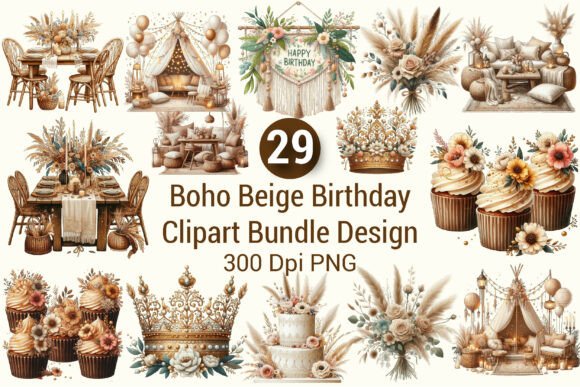 Download Boho Beige Birthday Clipart Bundle PNG - Birthday Collection