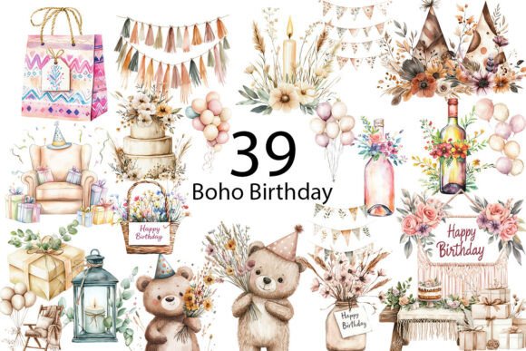 Download Boho Birthday Sublimation Clipart   - Birthday Collection