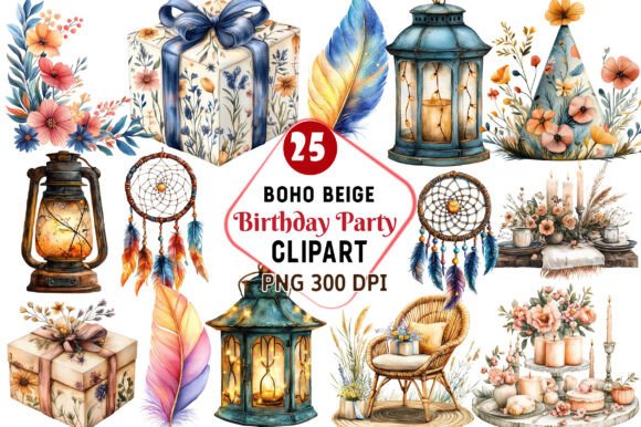 Download Boho Beige Birthday Party Clipart - Birthday Collection