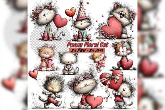 Download Whimsical Floral Cat Birthday Clipart Se - Birthday Collection