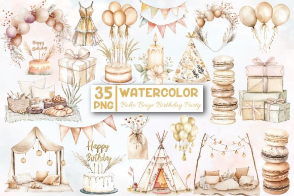 Download Boho Beige Birthday Party Clipart - Birthday Collection
